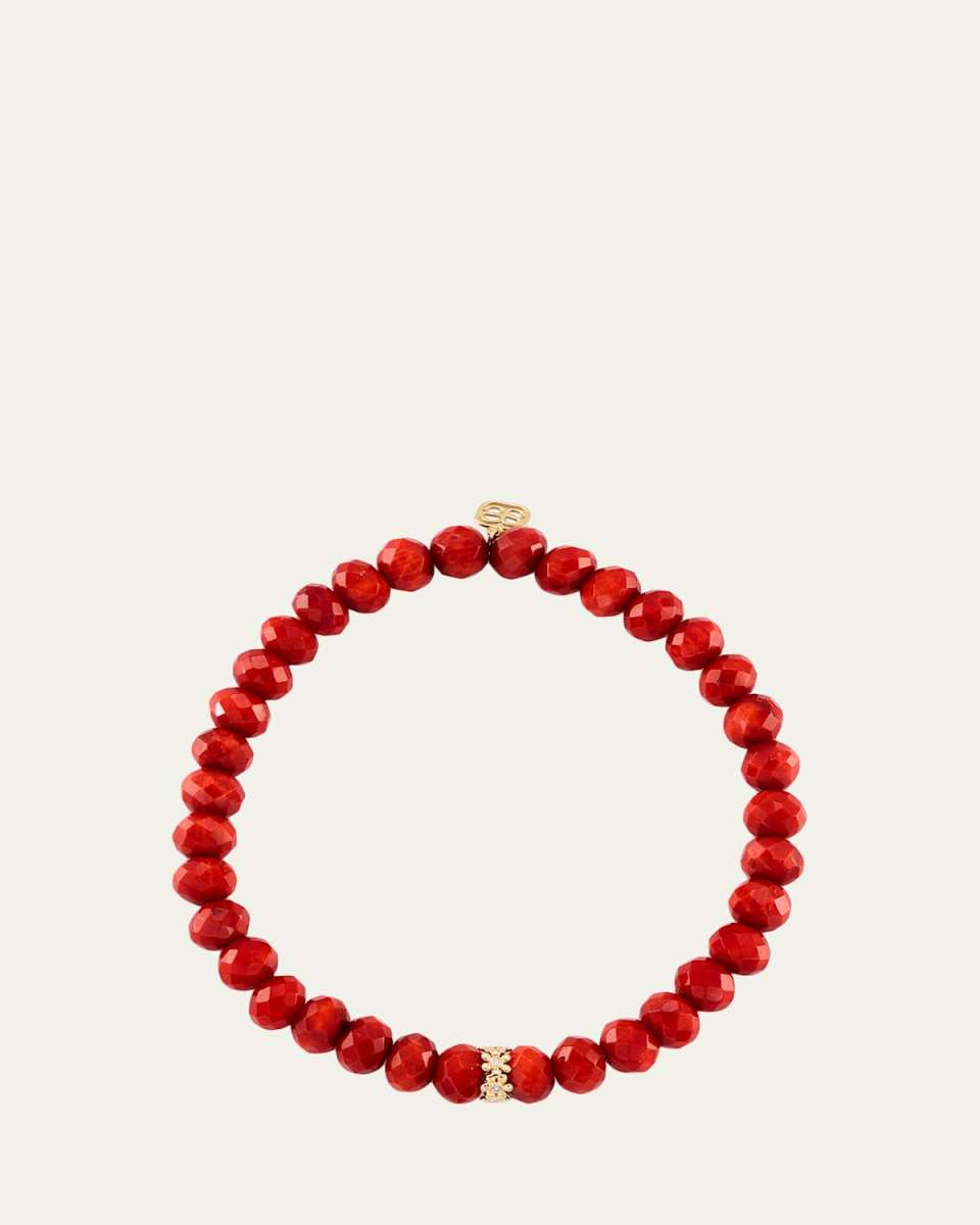 Tiny Daisy Rondelle on Orange Bamboo Coral Faceted Bead Bracelet